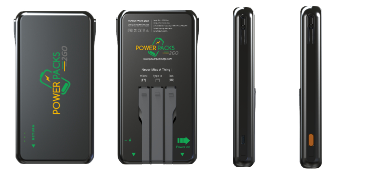 Power Packs 2 Go 5000mAh power bank with three built-in cables